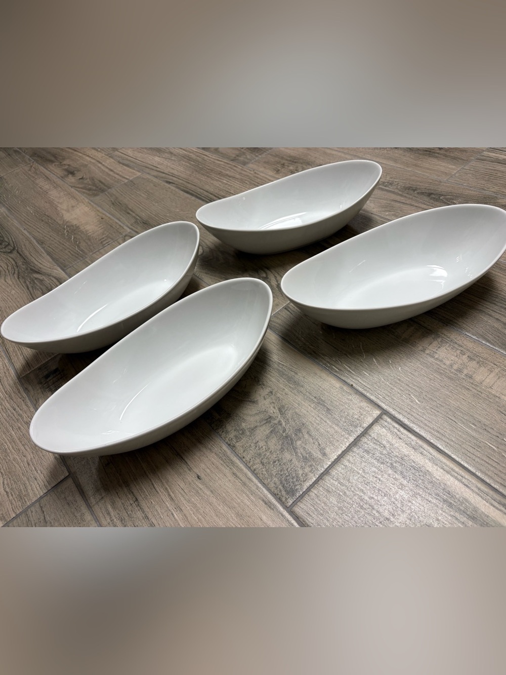 Over and Back Sides White Porcelain Canoe Serving Bowls Set of 4 12”